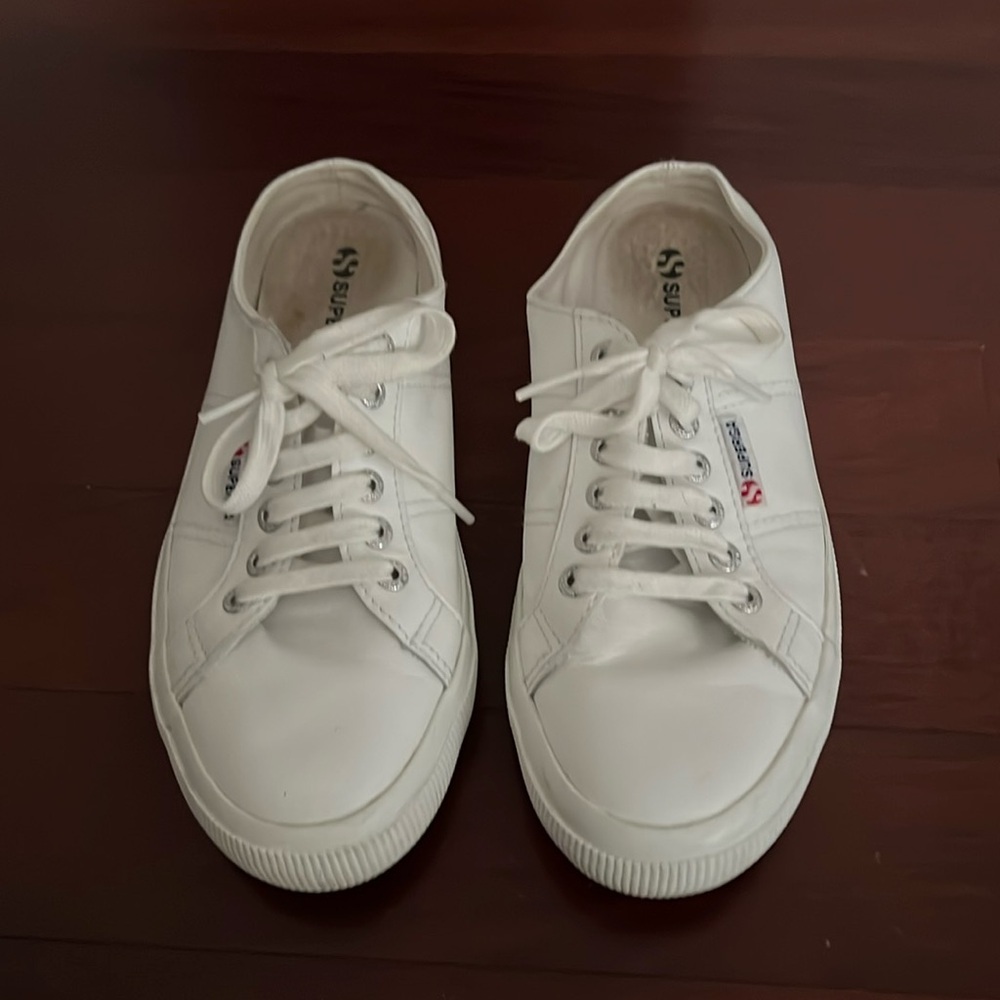 Superga White Leather Slip On Sneakers